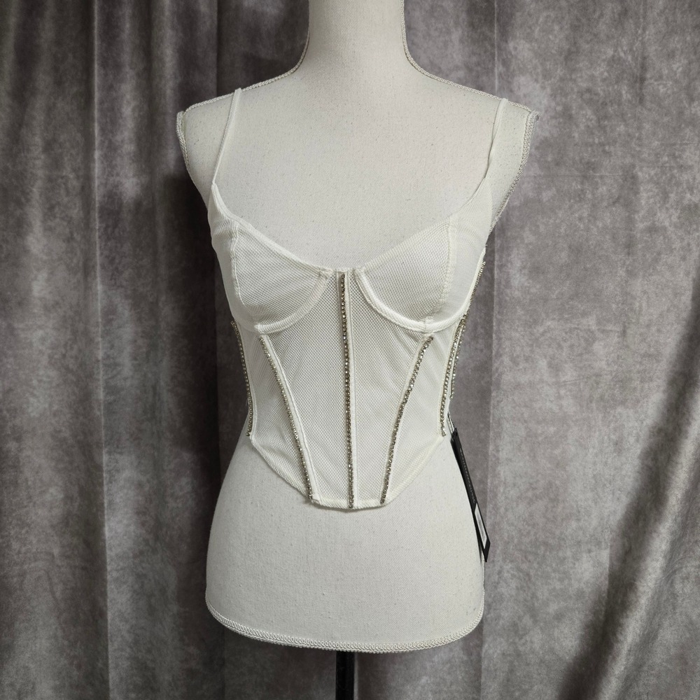 White Fox Boutique Breaking Hearts Bustier White Mesh Rhinestone Corset Top S